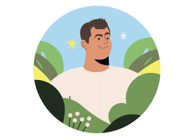 Tyler Mossop's logo. Cartoon Tyler surrounded by many houseplants and foliage.